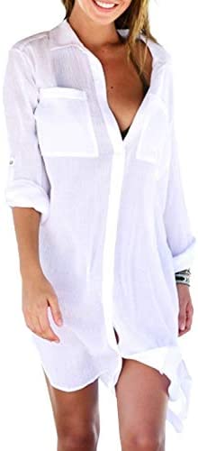1650871526 Women Sexy Vogue Button Down Shirts Crinkle Chiffon Bathing Suit