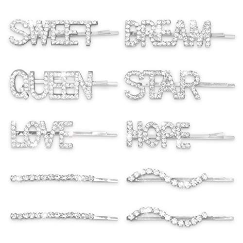 10 Pieces Letter Hair Clip Bling Rhinestone Letter Bobby Pins Word Barrettes Crystal Hair Pins Metal Hair Clips Silver Color Sparkly Hair Accessories For Women Girls 0