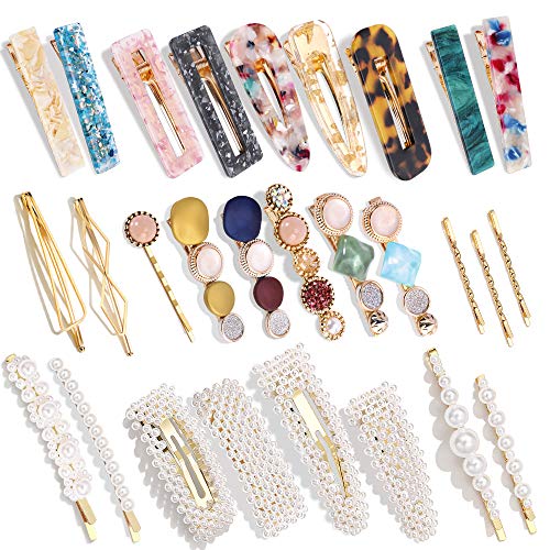 28 Pcs Hingwah Pearls And Acrylic Resin Hair Clips Handmade Hair Barrettes Marble Alligator Bobby Pins Glitter Crystal Geometric Hairpin Elegant Gold Hair Accessories Gifts For Women Girls 0
