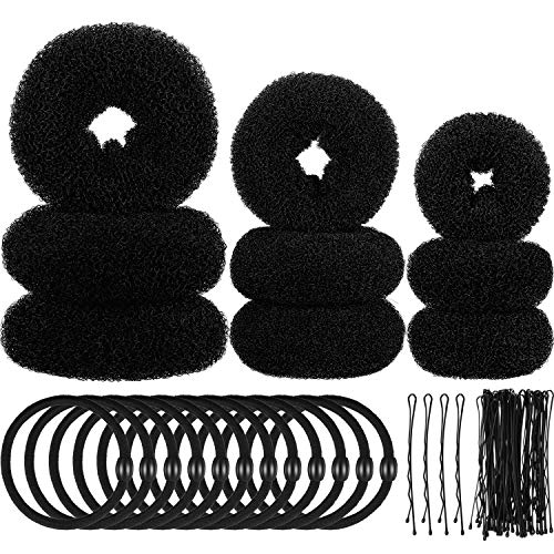9 Pieces Donut Hair Bun Maker Shaper Foam Sponge Doughnut Bun Ring Style Set With 12 Pieces Hair Elastic Bands Ties And 32 Pieces Hair Bobby Pins For Women Girls Kids Black 0
