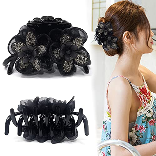 Big Hair Claw Banana Clips With Flower Strong Hold Hair Grip Nonslip Hairpins Hairgrip For Women And Girls Hair Barrettes For Thick Hair Black 0
