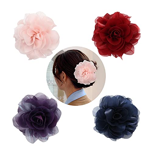 Cinaci 4 Pack Chiffon Big Rose Flower Bow Plastic Hair Claw Clips Barrettes Clamps Ponytail Holder Buns Chignon Holder Accessories For Women Girls 0