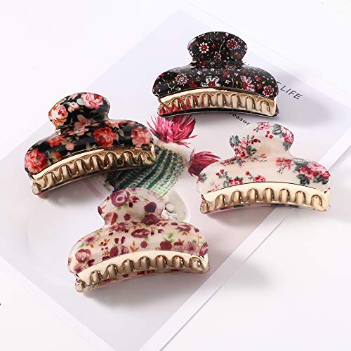Hair Claw Clips Set For Women Girls Medium Tortoise Shell Double Grip Teeth Clamps Strong Jaw Cute Floral Print Nonslip Acrylic Banana Design Thick Thin Hair Hold Clutches Accessories 35 Twinfree 4 Pa 0 4