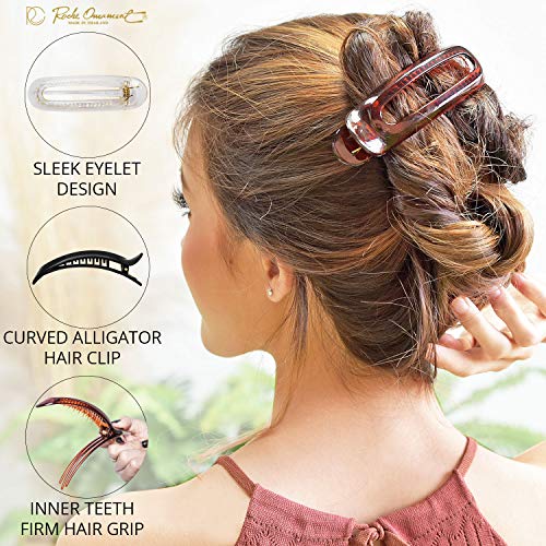 Rc Roche Ornament 6 Pcs Womens French Barrette Classic Duckbill Alligator Eyelet Oval Hair Decor Clips Side Slide Firm Grip Beauty Accessory Plastic Styling Pin Clamps Medium Clear Brown And Black 0 0